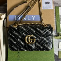 Gucci X Balenciaga Marmont Flap Shoulder Bag with Logo Print In Matelasse Leather 443497 Black