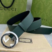 Gucci Belt with Logo and Interlocking G Buckle Grained Calfskin Green/Silver