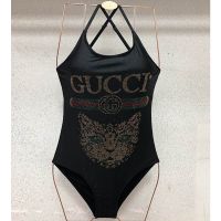 Gucci Crisscross Swimsuit with Crystal Gucci Interlocking G Web Stripe Cat Women Lycra Black