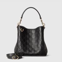 Gucci GG Emblem Small Bucket Bag In GG Embossed Leather 815118 Black