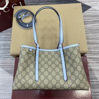 Gucci GG Emblem Medium Tote Bag In GG Supreme Canvas 815214 Beige/Sky Blue