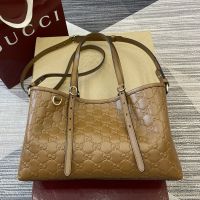 Gucci GG Emblem Medium Tote Bag In GG Embossed Leather 815214 Brown