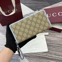 Gucci GG Emblem Zip Around Wallet In GG Supreme Canvas 819122 Beige/Sky Blue