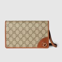 Gucci GG Emblem Wallet with Leather Strap In GG Supreme Canvas 820688 Beige/Brown