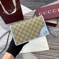 Gucci GG Emblem Wallet with Leather Strap In GG Supreme Canvas 820688 Beige/Sky Blue