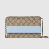 Gucci GG Emblem Wallet on Chain In GG Supreme Canvas and Smooth Leather 838151 Beige/Sky Blue