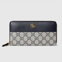 Gucci GG Marmont Zip Around Wallet In Textured Leather and GG Supreme Canvas 456117 Navy Blue/Beige