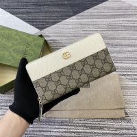 Gucci Large Marmont Zip Around Wallet In GG Supreme Canvas and Textured Leather Apricot/White