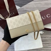 Gucci GG Marmont Wallet on Chain 497985 In GG Supreme Canvas and Textured Leather Beige