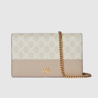 Gucci GG Marmont Wallet on Chain In GG Supreme Canvas and Textured Leather 497985 Beige/Apricot