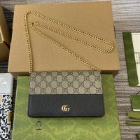 Gucci GG Marmont Wallet on Chain In GG Supreme Canvas and Textured Leather 497985 Beige/Black