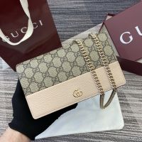 Gucci GG Marmont Wallet on Chain 497985 In GG Supreme Canvas and Textured Leather Beige/Cherry
