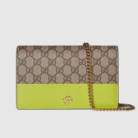 Gucci GG Marmont Wallet on Chain In GG Supreme Canvas and Textured Leather 497985 Beige/Green