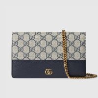 Gucci GG Marmont Wallet on Chain In GG Supreme Canvas and Textured Leather 497985 Beige/Navy Blue