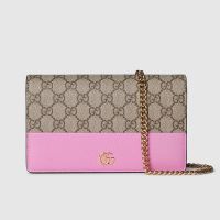 Gucci GG Marmont Wallet on Chain In GG Supreme Canvas and Textured Leather 497985 Beige/Pink