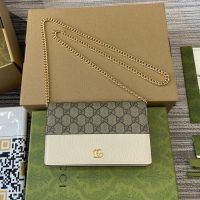 Gucci GG Marmont Wallet on Chain In GG Supreme Canvas and Textured Leather 497985 Beige/White