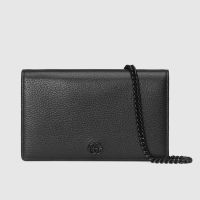 Gucci Large Marmont Chain Wallet In Textured Leather Black