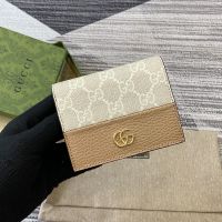 Gucci GG Marmont Card Case Wallet 658610 In GG Supreme Canvas and Textured Leather Beige/Camel