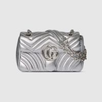Gucci GG Marmont Small Shoulder Bag 837280 In Matelasse Leather Silver