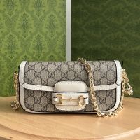 Gucci Small Horsebit 1955 Baguette Bag In GG Supreme Canvas Beige/White