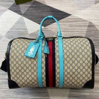 Gucci Large Savoy Duffle Bag with Liftboy Tag In GG Supreme Canvas 724612 Beige/Blue