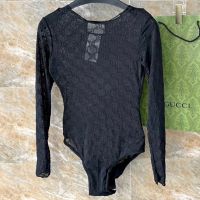 Gucci Long Sleeve Bodysuit Women GG Supreme Embroidery and Mesh Black