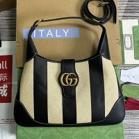Gucci Medium Aphrodite Shoulder Bag In Stripe Canvas and Leather 726274 Beige/Black