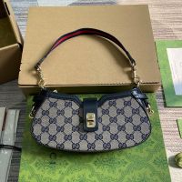 Gucci Mini Moon Side Shoulder Bag with Web Strap In Original GG Canvas 786015 Beige/Blue
