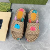 Gucci Platform Slides Women Pumpkin GG Supreme Leather Brown