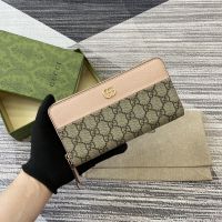 Gucci Large Marmont Zip Around Wallet In GG Supreme Canvas and Textured Leather Apricot/Pink