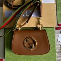 Gucci Mini Blondie Flap Crossbody Bag with Web Strap In Leather 698643 Brown