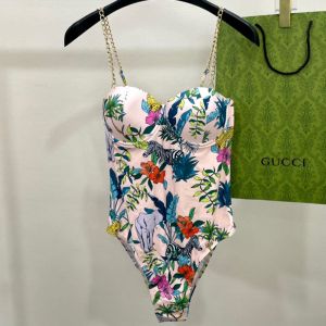 Gucci Chain Shoulder Swimsuit with Floral Zebra Elephant Leopard Women Lycra Beige/Multicolor