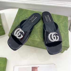 Gucci Double G Crystals Slides Women Leather Black