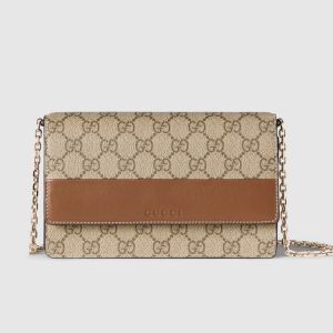Gucci GG Emblem Wallet on Chain In GG Supreme Canvas and Smooth Leather 838151 Beige/Brown