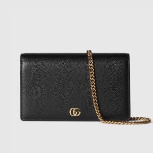 Gucci GG Marmont Wallet on Chain In Textured Leather 497985 Black/Red