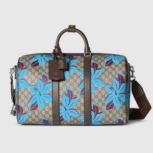 Gucci GG Monogram Medium Duffle Bag In Flower Printed GG Supreme Canvas 792074 Beige/Blue