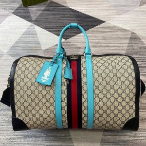 Gucci Large Savoy Duffle Bag with Liftboy Tag In GG Supreme Canvas 724612 Beige/Blue