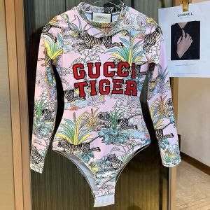 Gucci Long Sleeve Bodysuit with Gucci Tiger Lettering Women Tiger Antelope Plant Lycra Pink