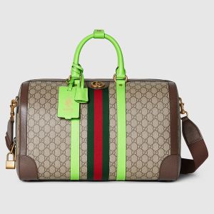 Gucci Medium Savoy Duffle Bag with Liftboy Tag In GG Supreme Canvas 724642 Beige/Green