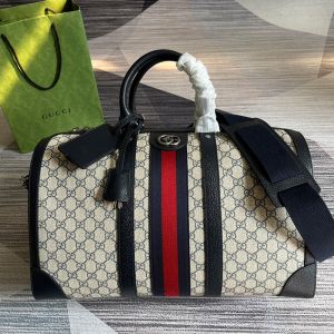 Gucci Medium Savoy Duffle Bag with Logo Tag In GG Supreme Canvas 681295 Navy Blue