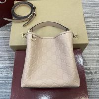 Gucci GG Emblem Small Bucket Bag 815118 In GG Embossed Leather Apricot