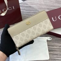Gucci GG Marmont Zip Around Wallet 456117 In Textured Leather and GG Supreme Canvas Beige