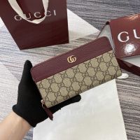 Gucci GG Marmont Zip Around Wallet In Textured Leather and GG Supreme Canvas 456117 Red/Beige