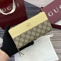 Gucci GG Marmont Zip Around Wallet 456117 In Textured Leather and GG Supreme Canvas Yellow/Beige