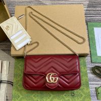 Gucci Super Mini Marmont Flap Crossbody Bag with Card Holder In Matelasse Leather 751526 Burgundy