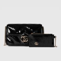 Gucci Super Mini Marmont Flap Crossbody Bag with Card Holder In Patent Leather 751526 Black