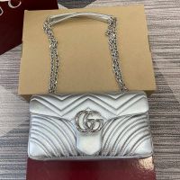 Gucci GG Marmont Medium Shoulder Bag 837267 In Matelasse Leather Silver
