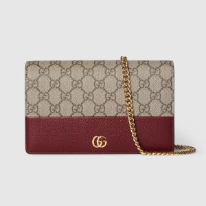 Gucci GG Marmont Wallet on Chain 497985 In GG Supreme Canvas and Textured Leather Beige/Red