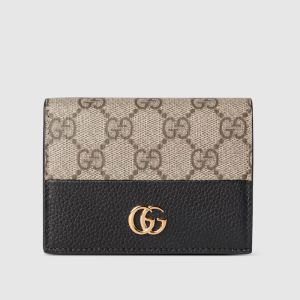 Gucci Small Marmont Compact Wallet In GG Supreme Canvas and Textured Leather Apricot/Black