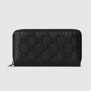 Gucci Imprint Zip Around Wallet In GG Embossed Grainy Leather 835003 Black